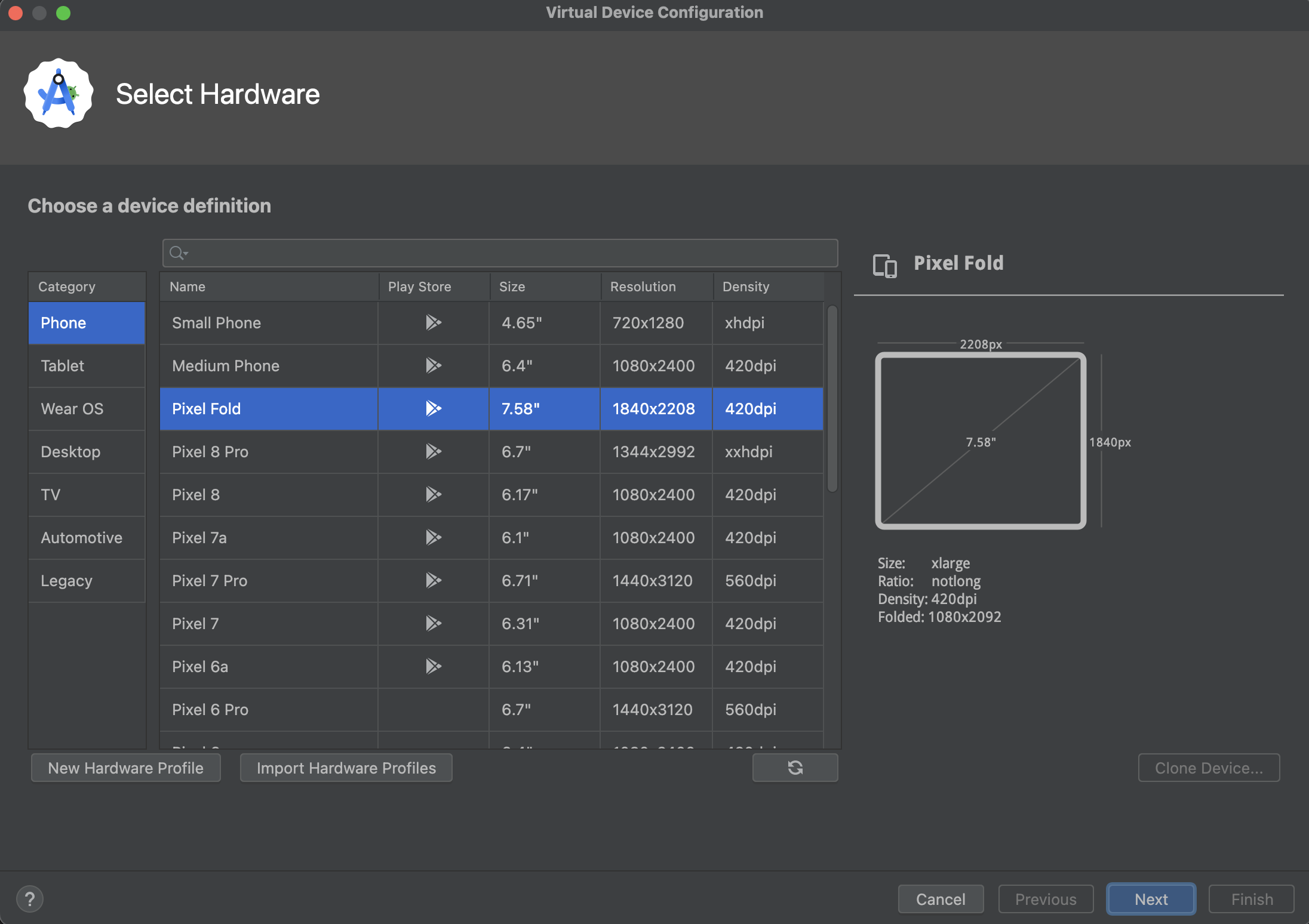 Asistente Create Device del Device Manager de Android Studio, seleccionando el perfil de hardware