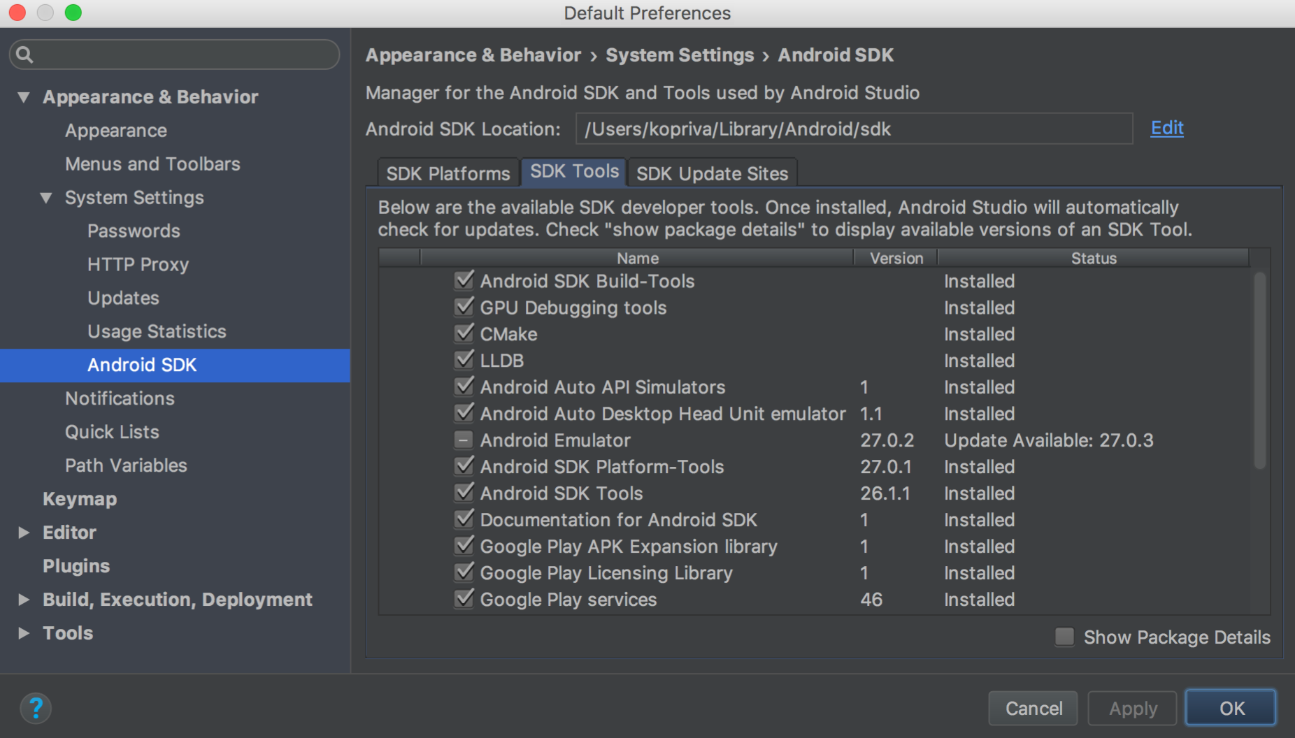 Android SDK Manager con las pestañas SDK Platforms, SDK Tools y SDK Update Sites